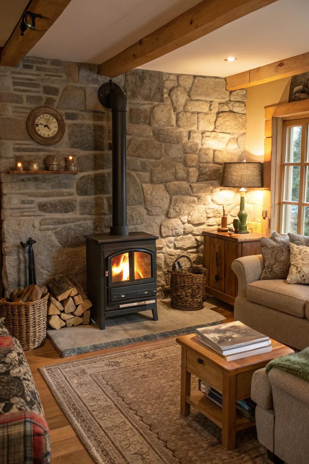 Stone walls add a rustic charm while providing heat resistance.