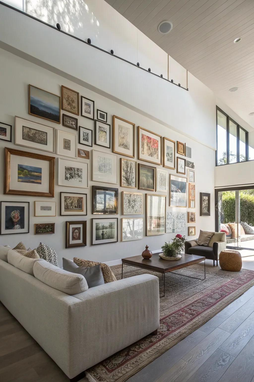 An eclectic gallery wall with mixed frame styles.