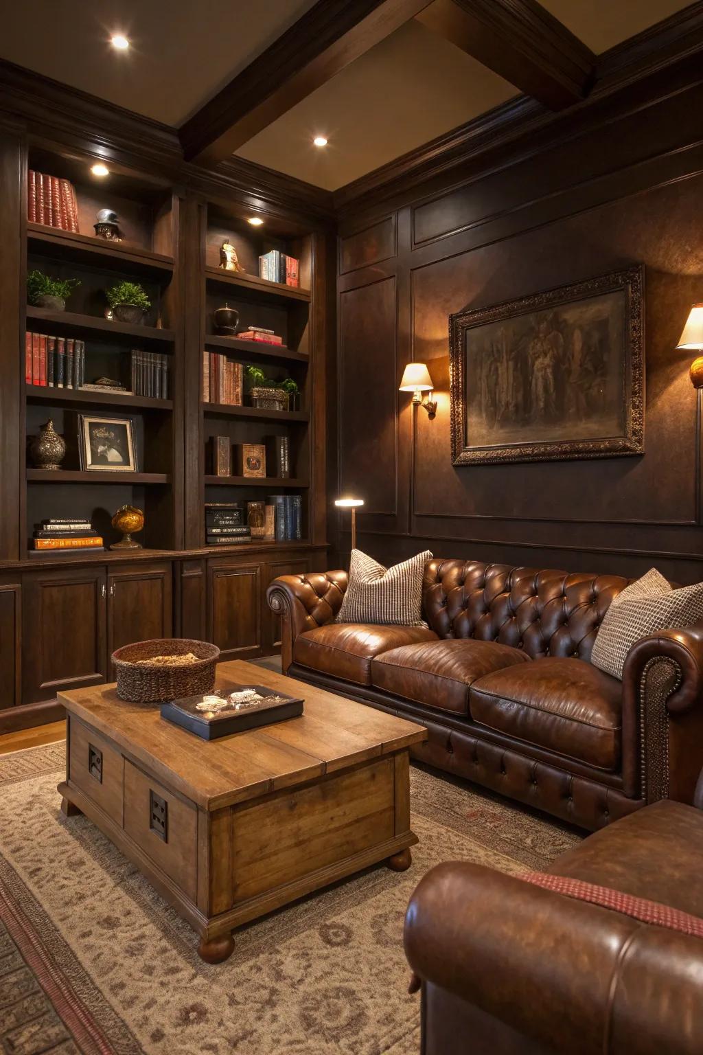 Rich earth tones can add depth and warmth to a masculine living room.