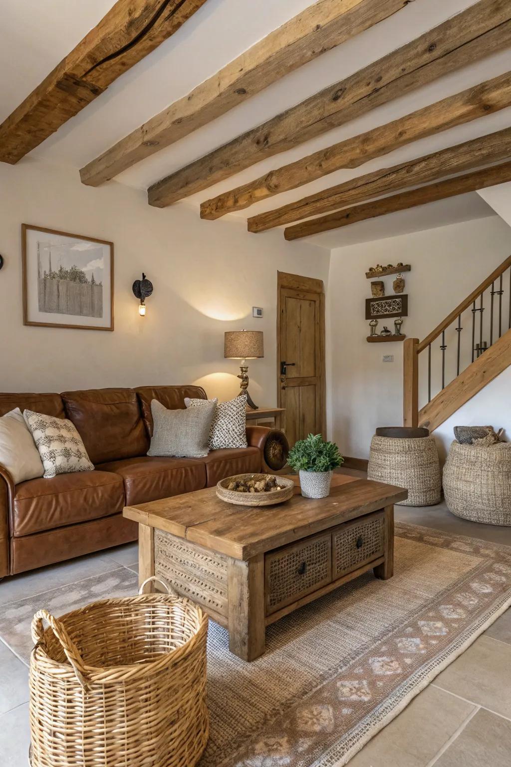 Exposed wooden beams add rustic charm to a modern space.