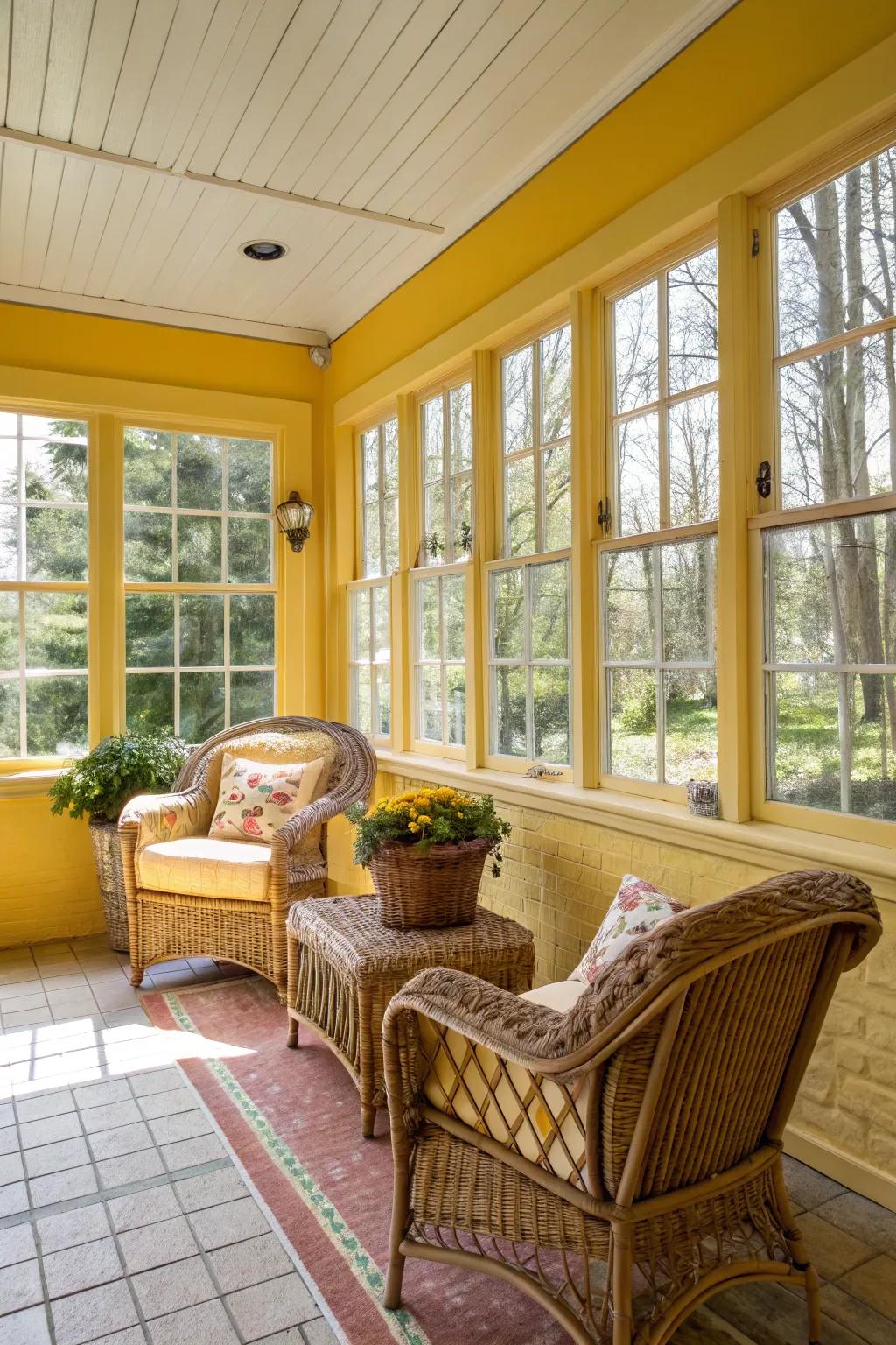 Sunroom painted in a vibrant sunny yellow, radiating warmth and cheer.