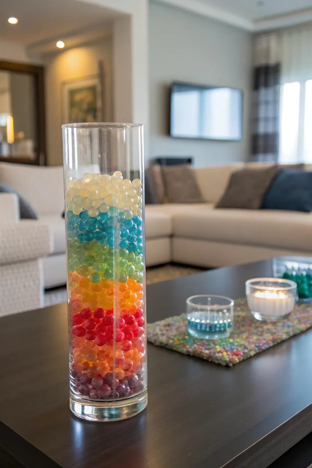 Layered colored water beads add a pop of color to any room.