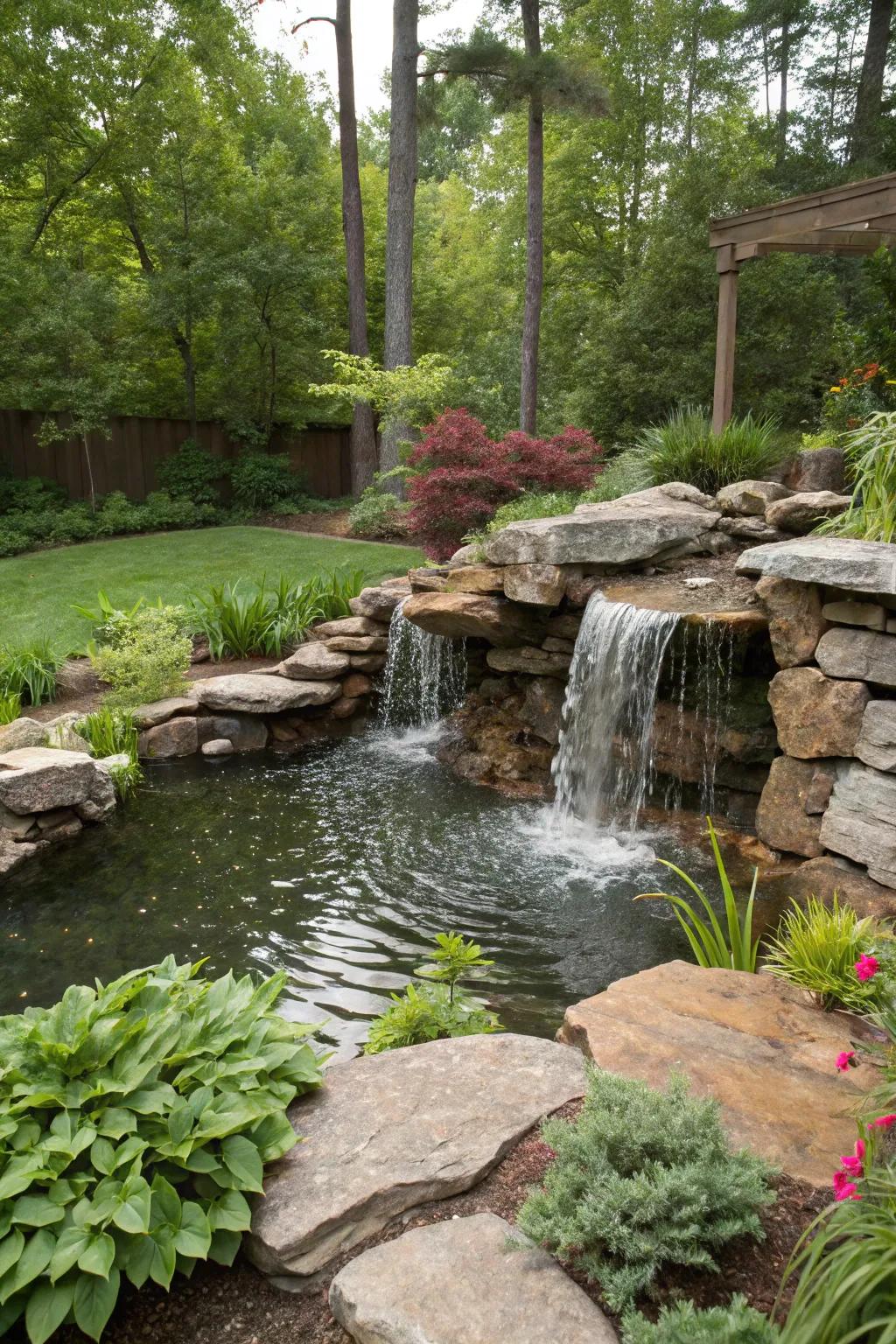 Natural stones create a rustic and calming waterfall.