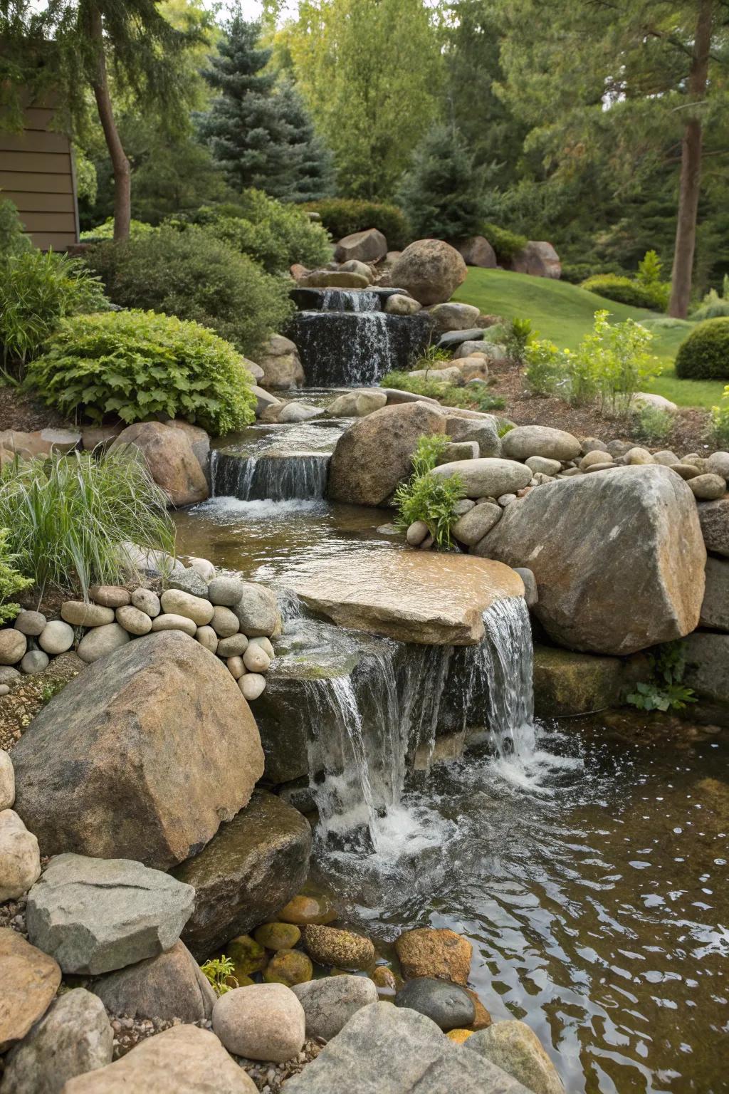 A garden waterfall with water cascading over an assortment of natural stones.