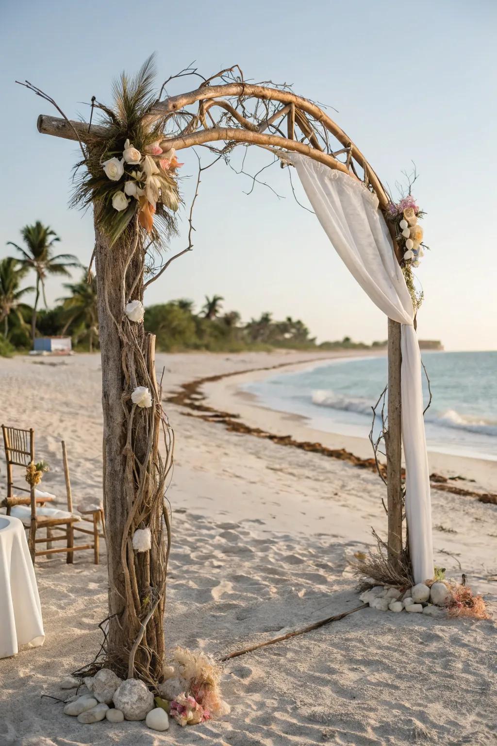 A rustic beach wedding arch adorned with seashells and driftwood.
