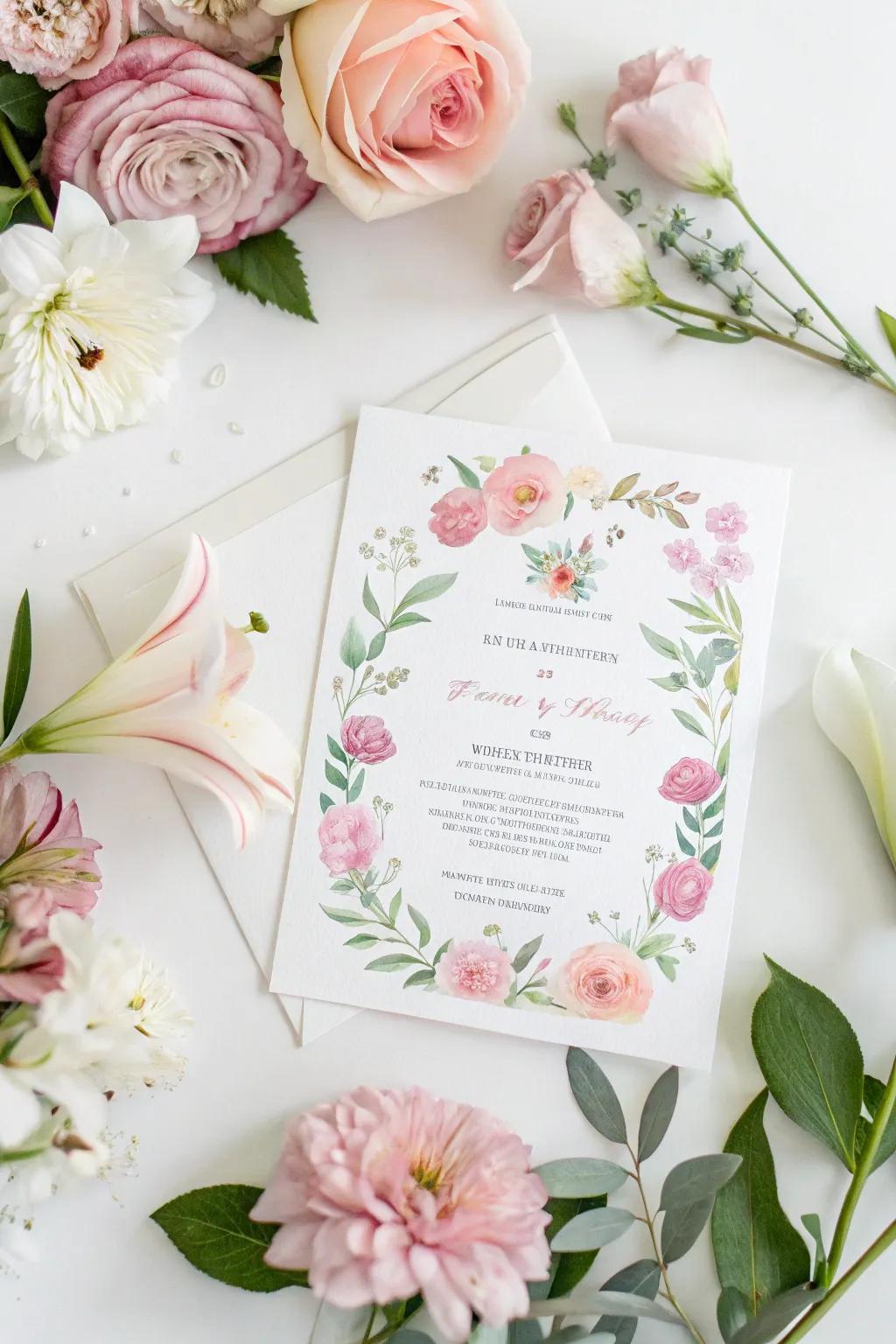 Watercolor floral wedding invitation with a soft and romantic touch.