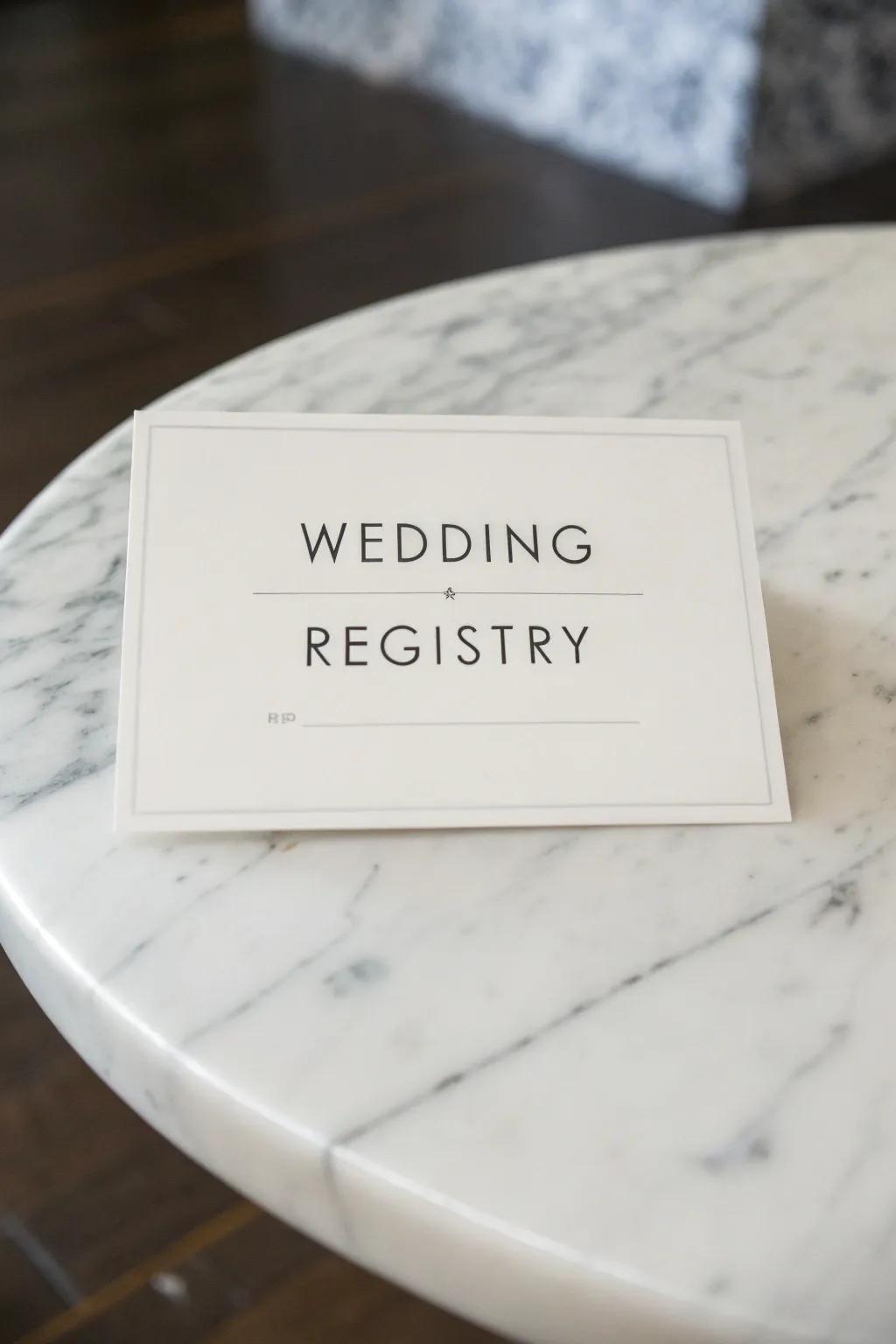 Minimalist wedding registry card featuring clean design and typography.