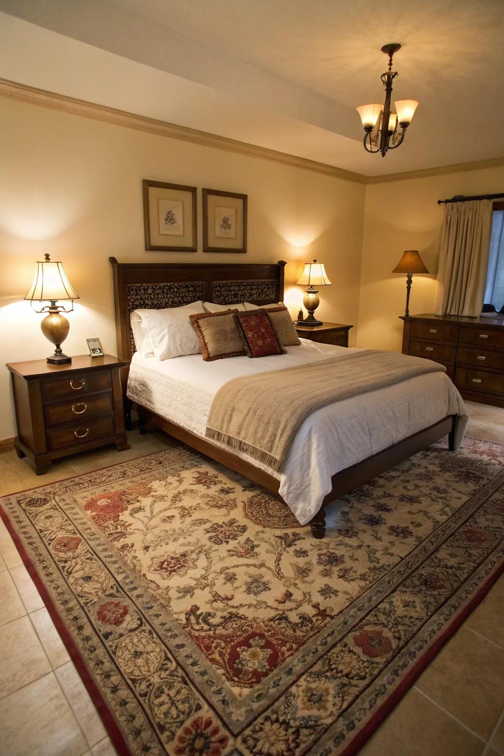 An 8x10 rug elegantly extends beyond a queen bed, offering a classic and balanced appearance.