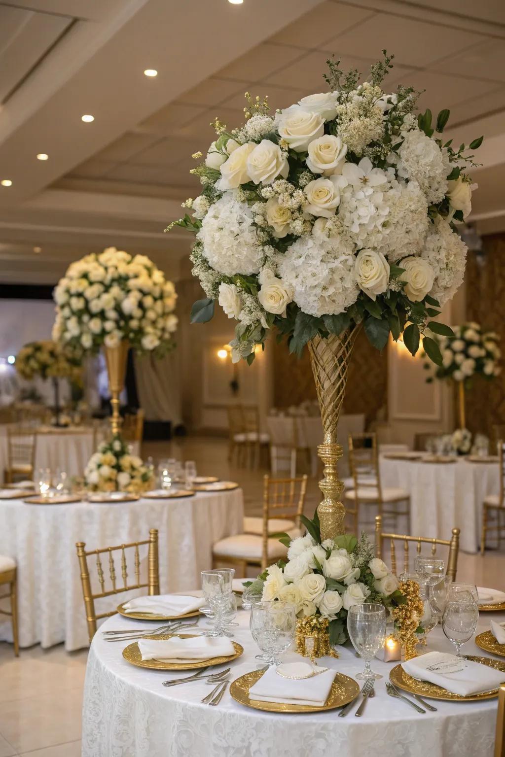 Elegant floral arrangements with white and gold accents.