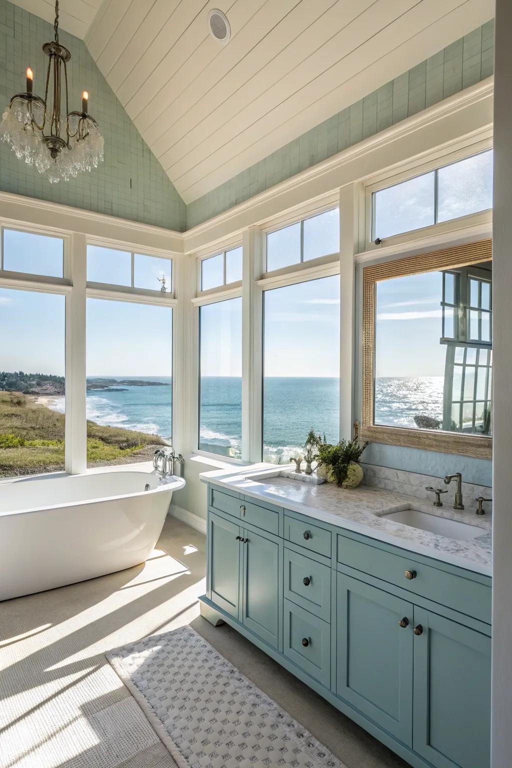 Natural light pouring into a coastal bathroom creates an airy feel.