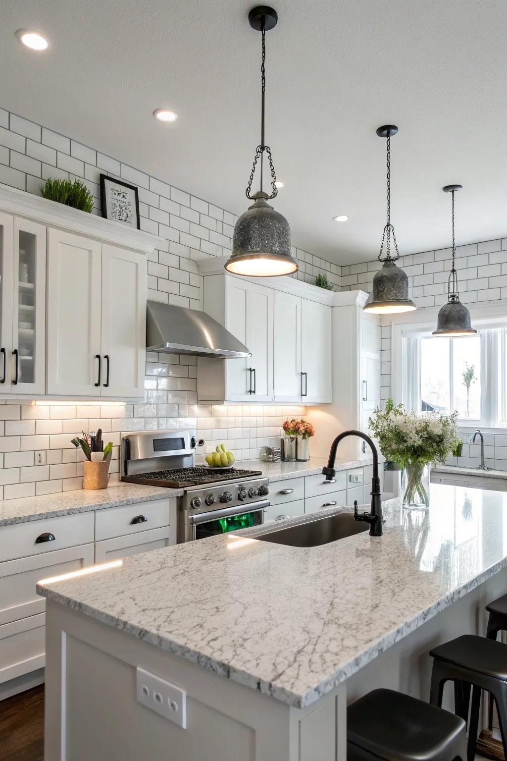 The timeless combination of subway tiles and white ice granite.