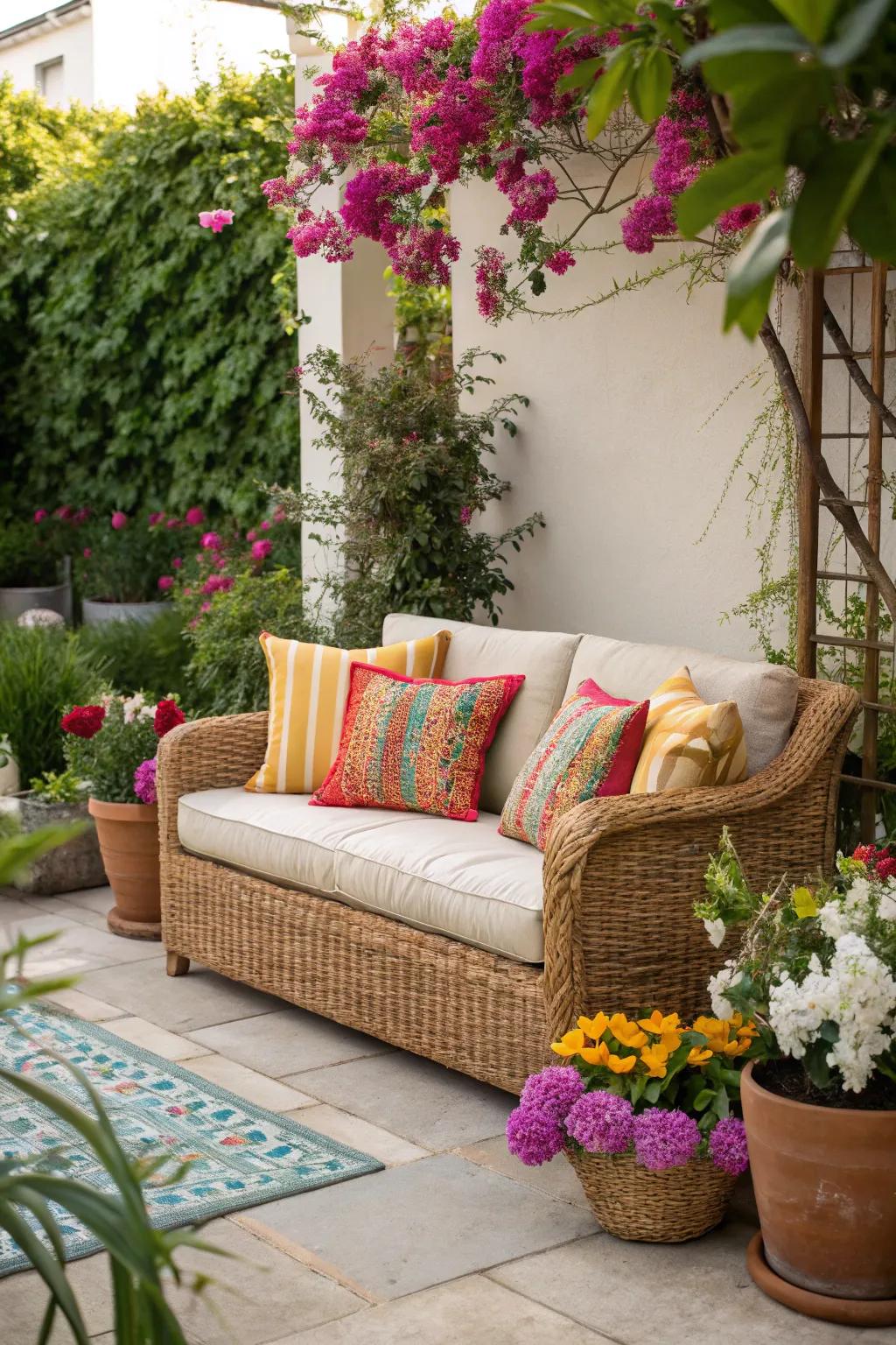 An inviting outdoor living room with vibrant wicker furniture.