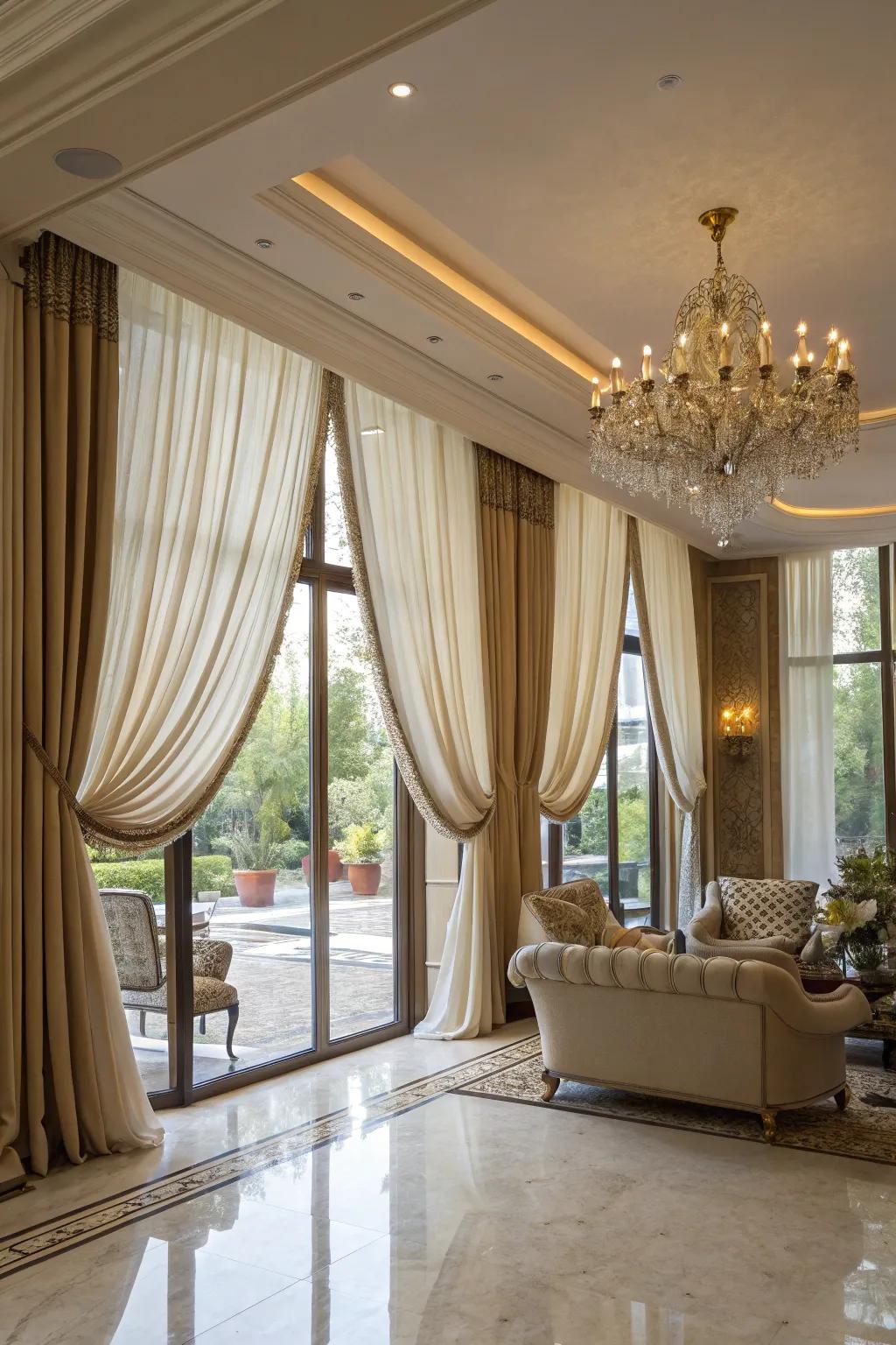 Floor-to-ceiling curtains add dramatic flair to large windows.