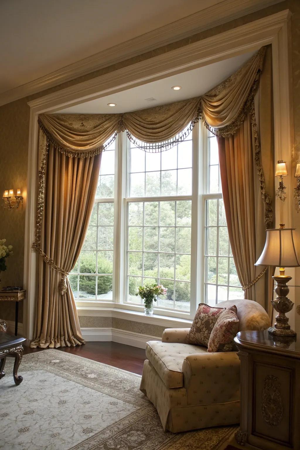 Floor-length drapes add dramatic elegance to bay windows.