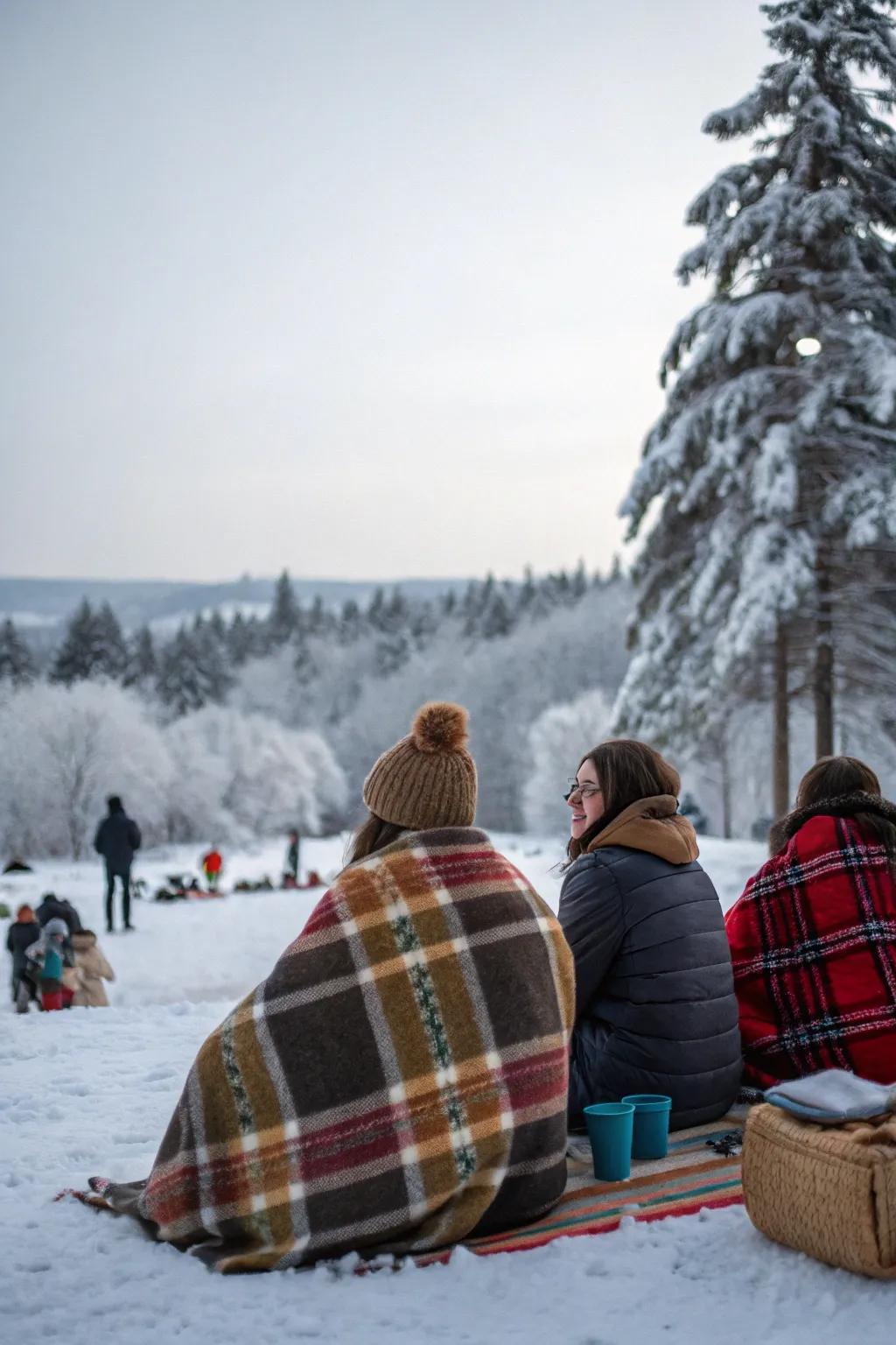 Cozy up with warm blankets at your winter picnic.