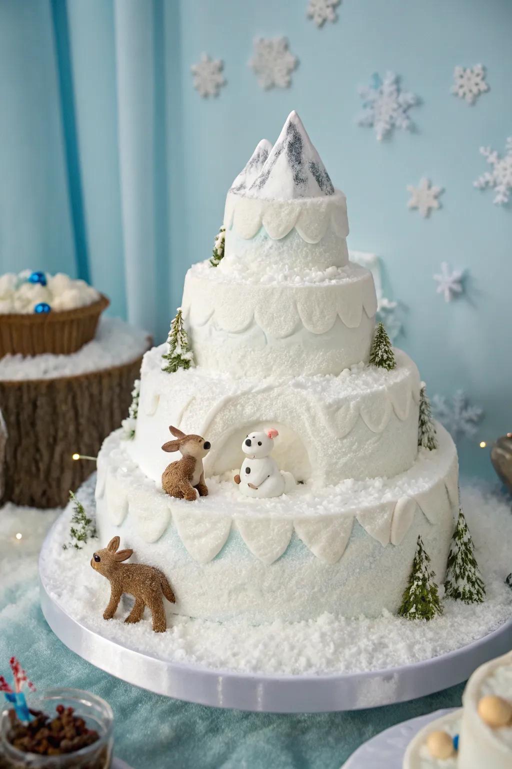 A snowy mountain cake with cute baby animals, perfect for a winter wonderland theme.