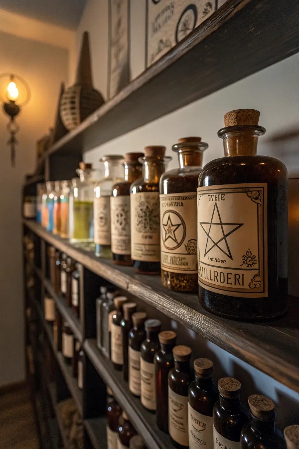 A collection of potion bottles adds mystery to the lair.