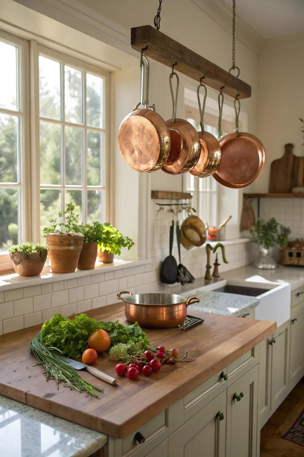 A classic butcher block countertop providing warmth and a touch of tradition.