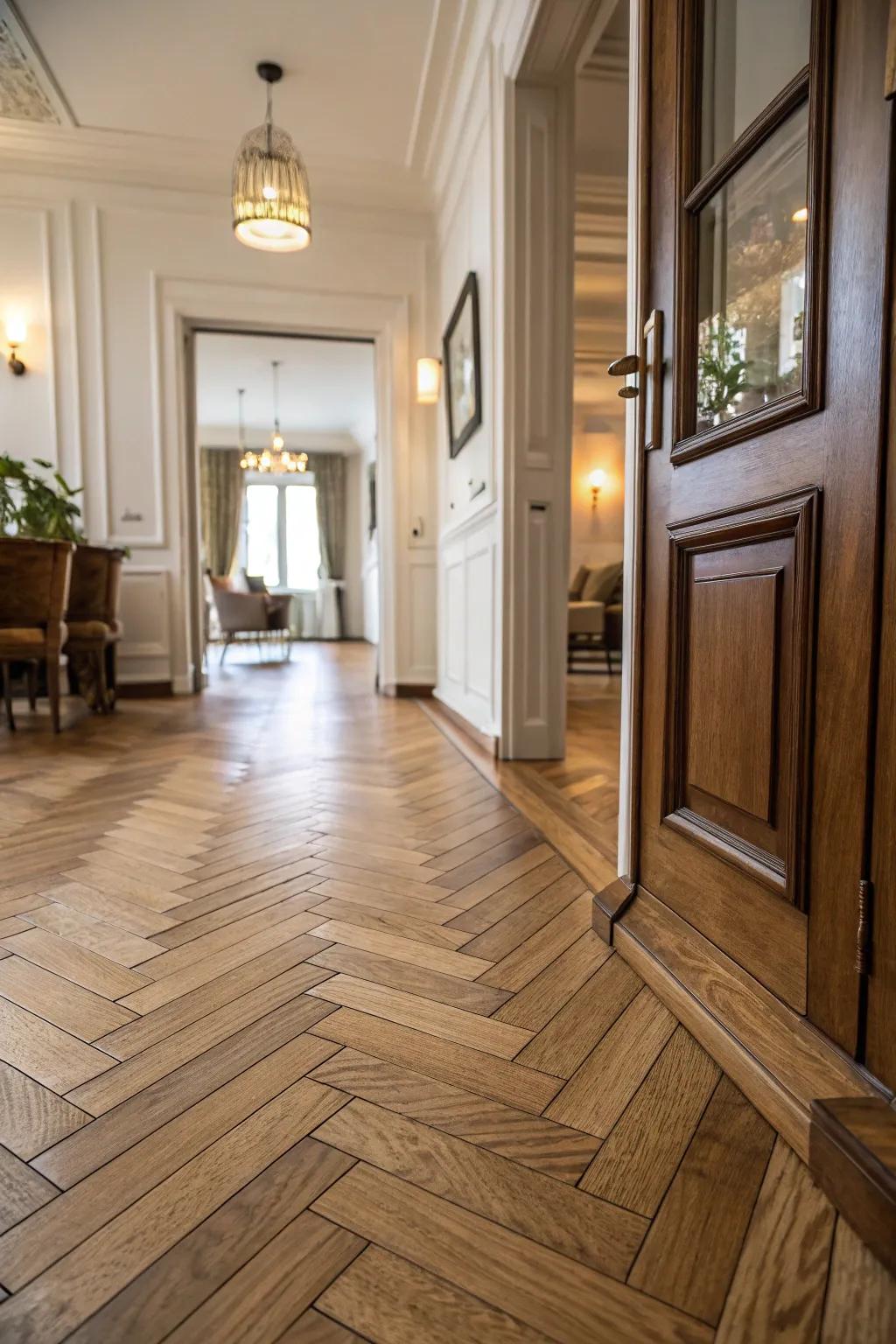 Herringbone patterns create a seamless and elegant transition between different flooring styles.