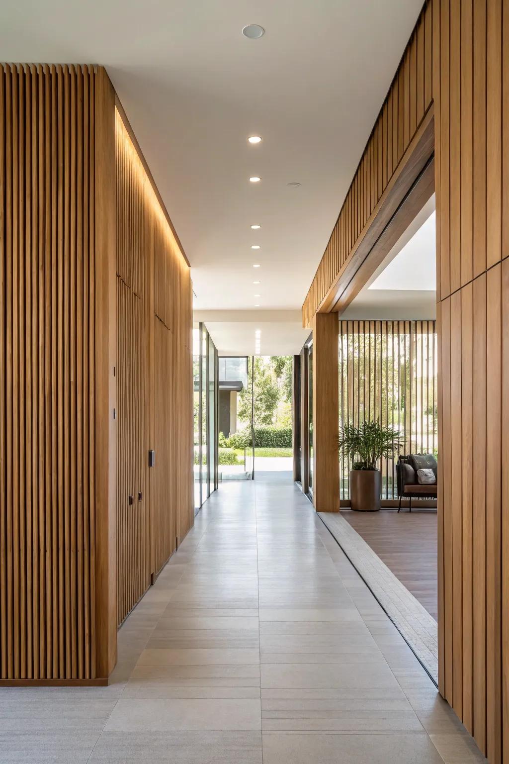 Vertical wood panels create an illusion of height and space.