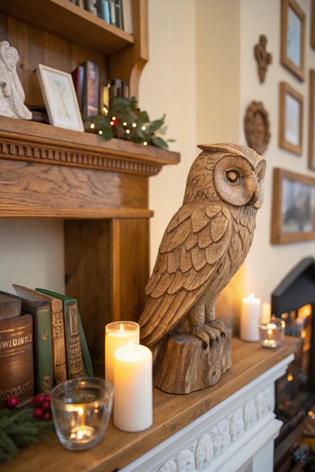 Bring nature indoors with a charming wooden owl sculpture.