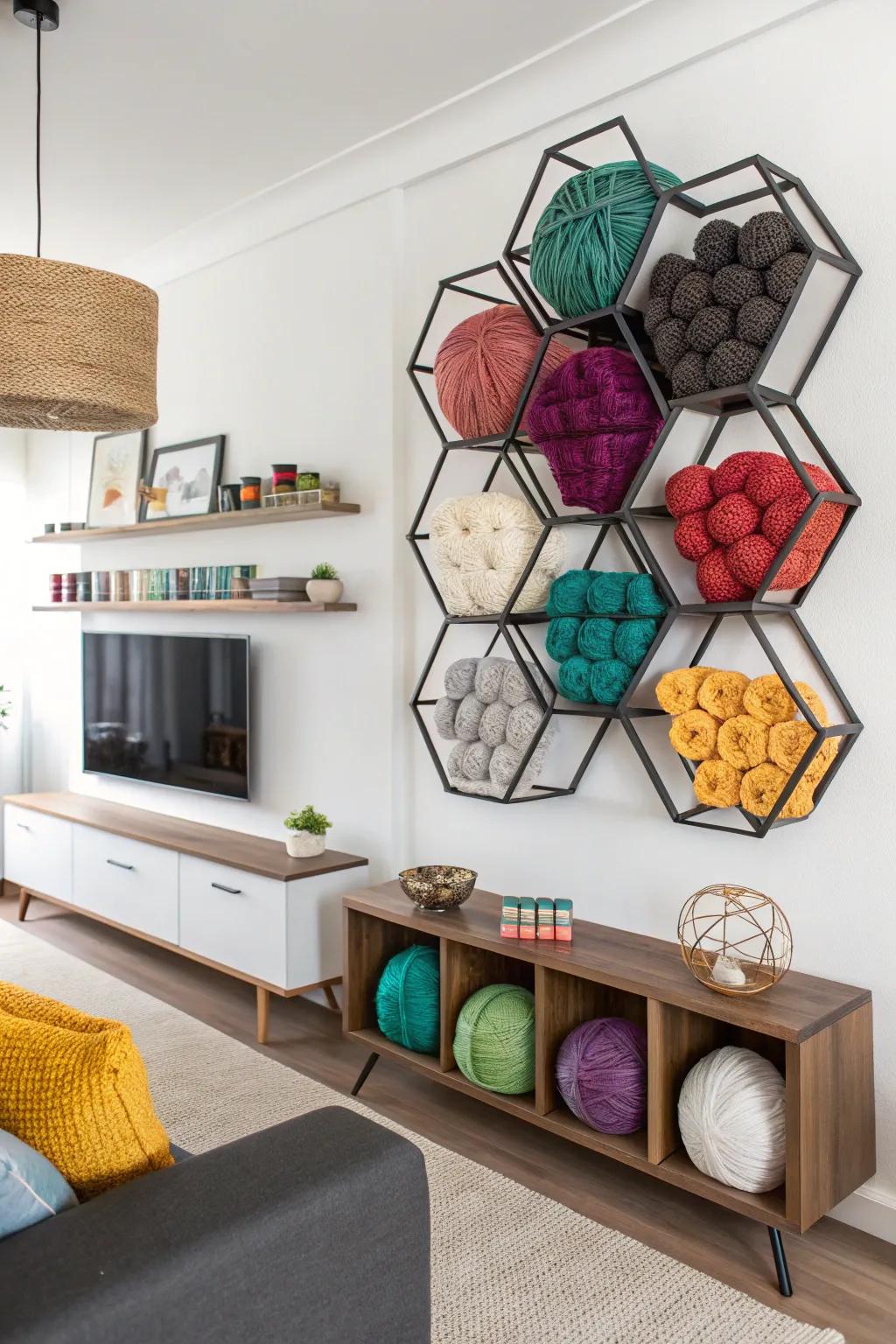 Geometric wall-mounted shelves make yarn storage an artful display.