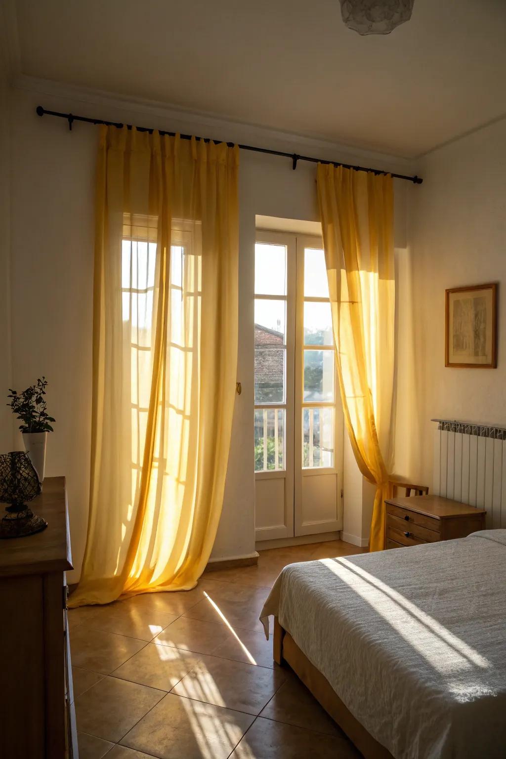 Lightweight yellow curtains bring in sunshine and create an airy feel in the bedroom.