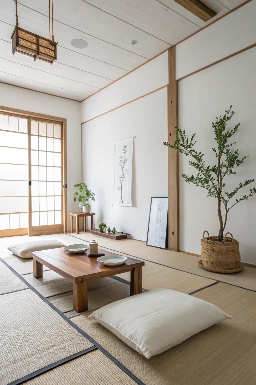 A minimalist zen room showcases the beauty of simplicity.