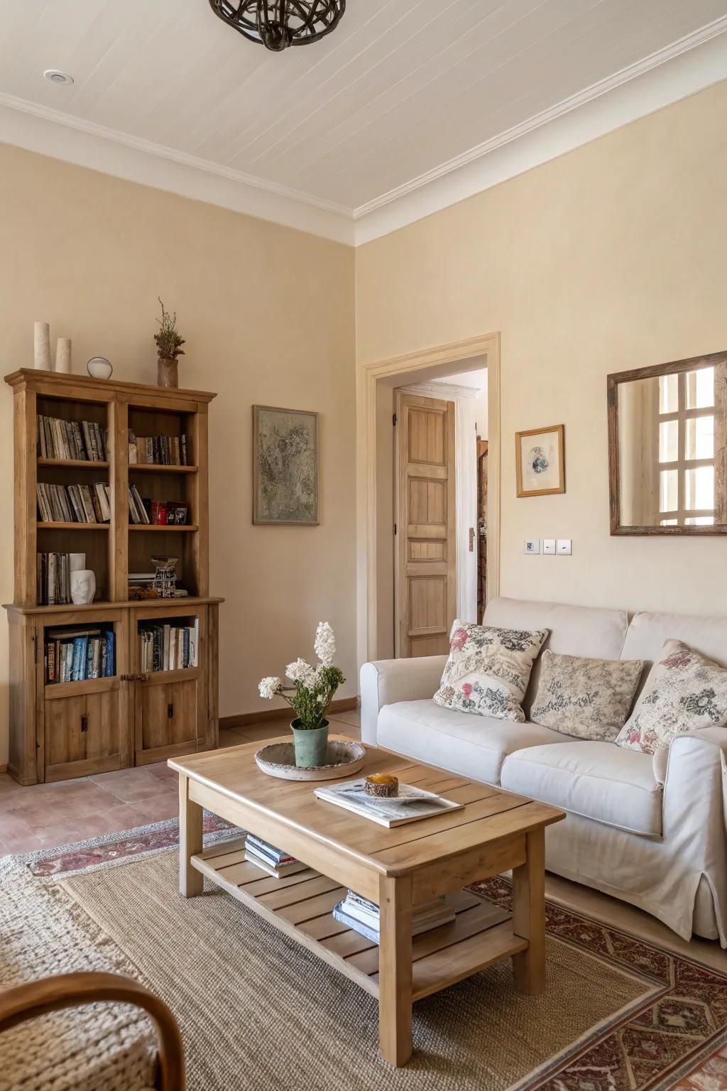 A calming living room with earthy tones and minimalist decor.