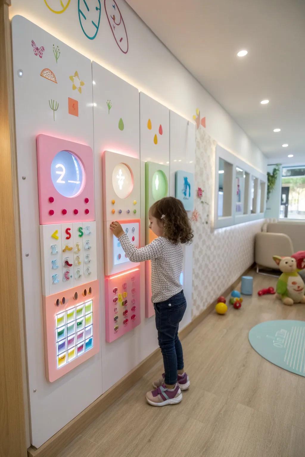 Interactive wall panels provide playful and educational engagement.