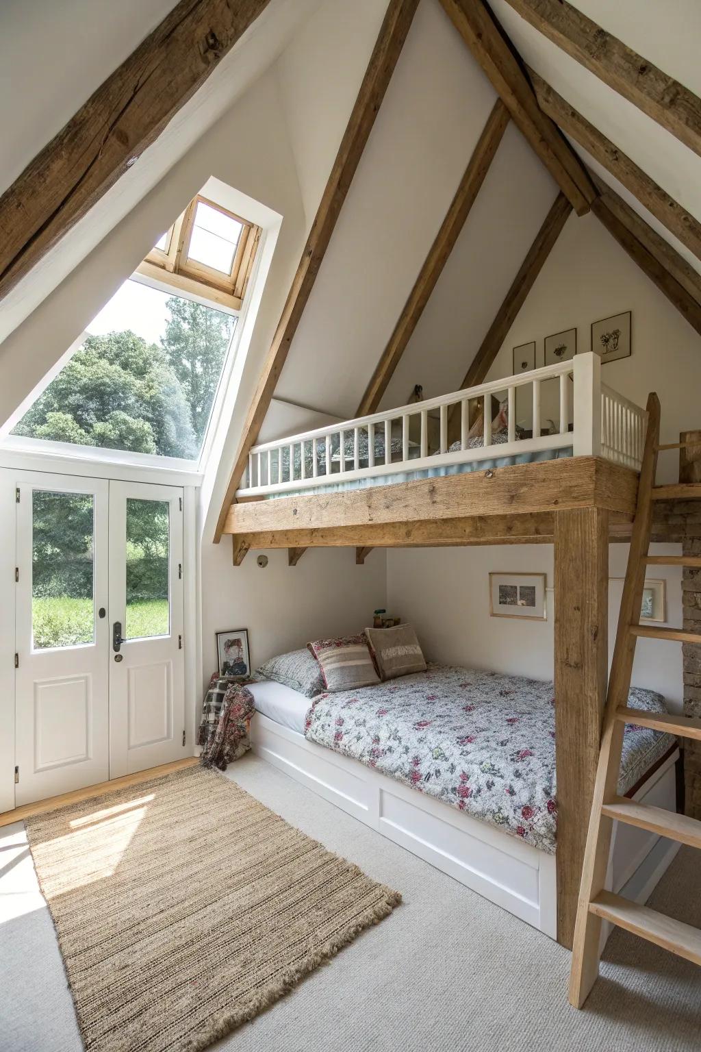 An elevated loft bed maximizes floor space in your attic.