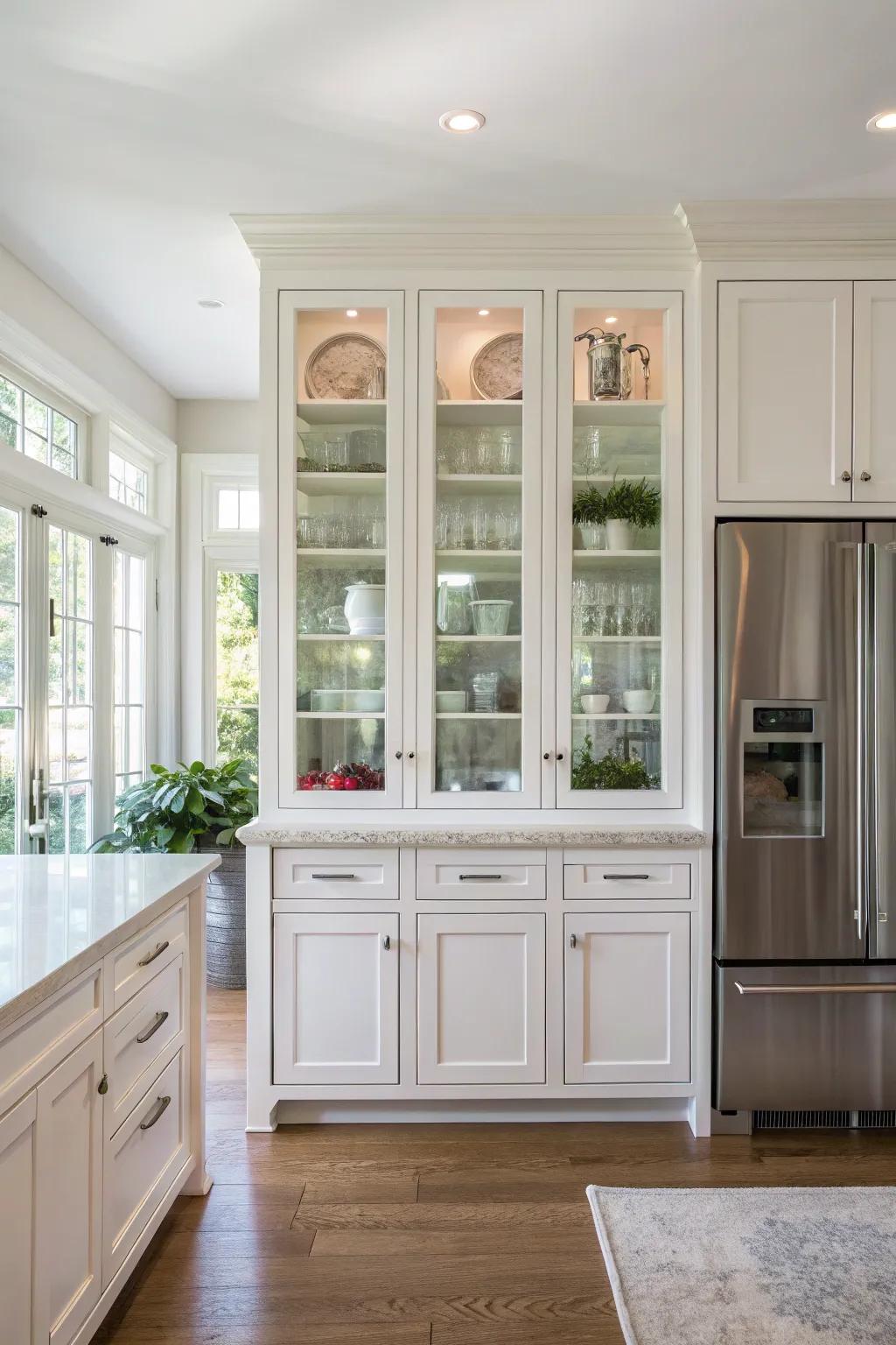 Glass-fronted cabinets introduce light and elegance to the kitchen.