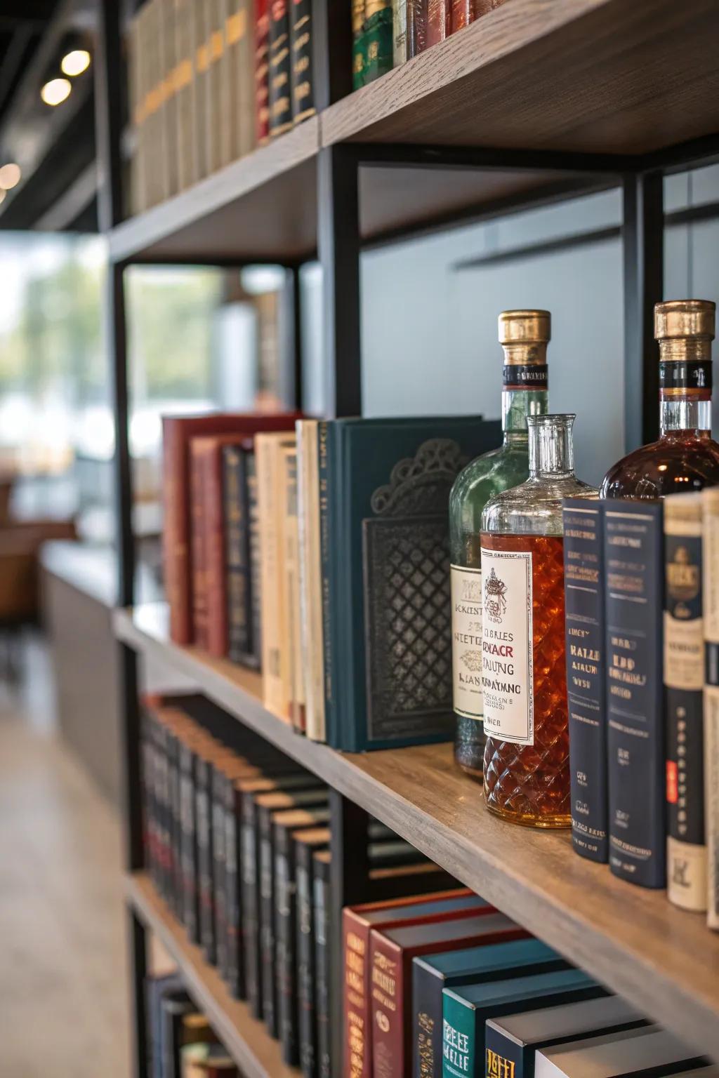 An artfully arranged bookshelf combining books and liquor bottles for a unique decor touch.