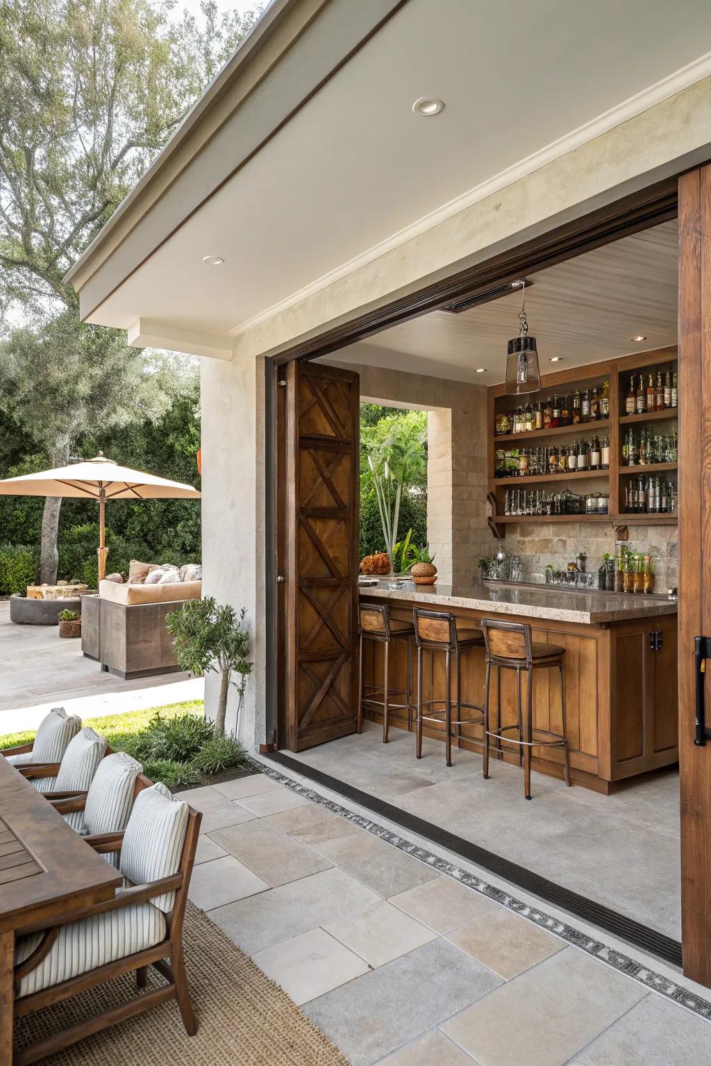 A seamless blend of indoor and outdoor bar elements.