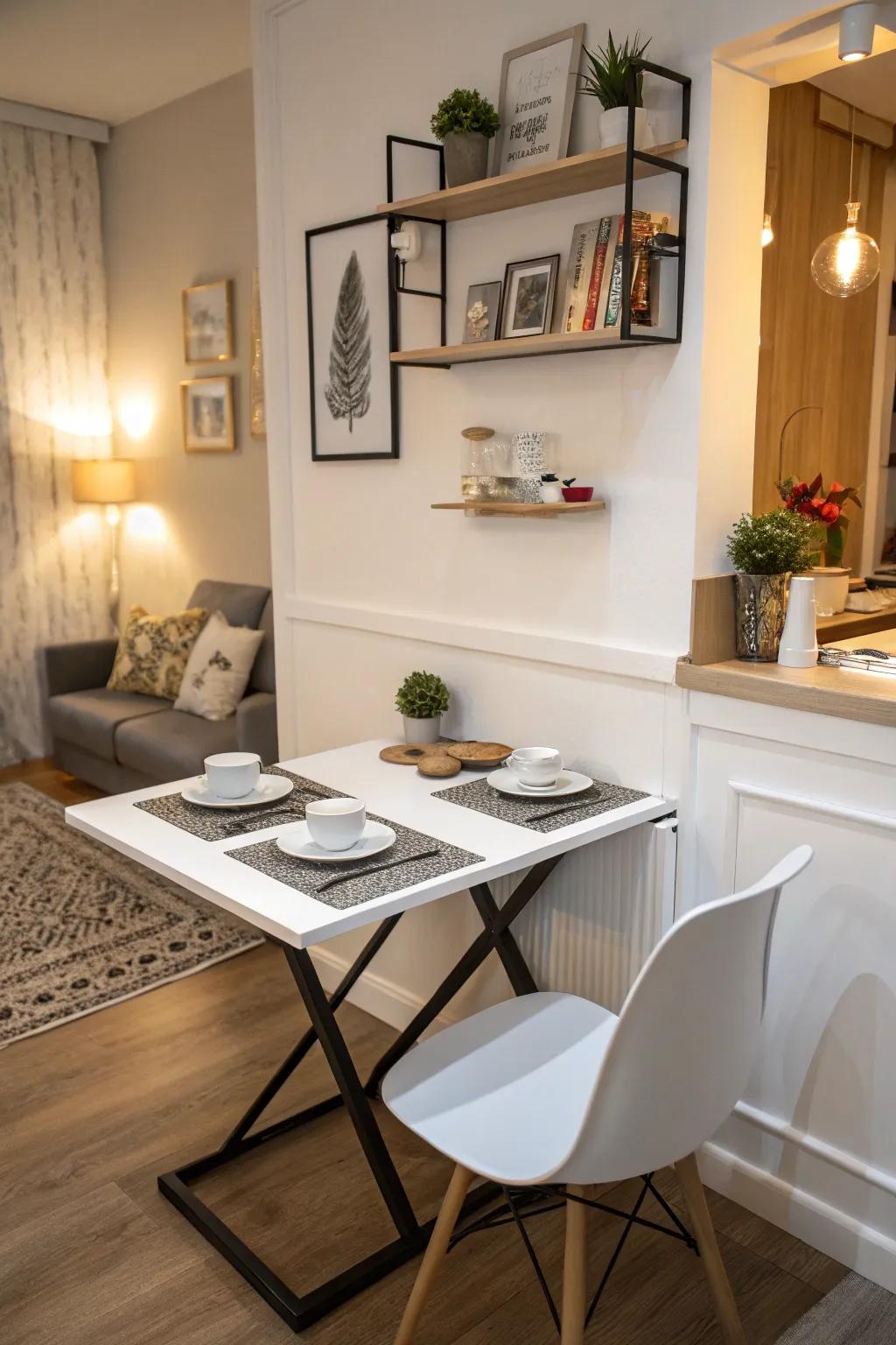 Wall-mounted tables maximize floor space.