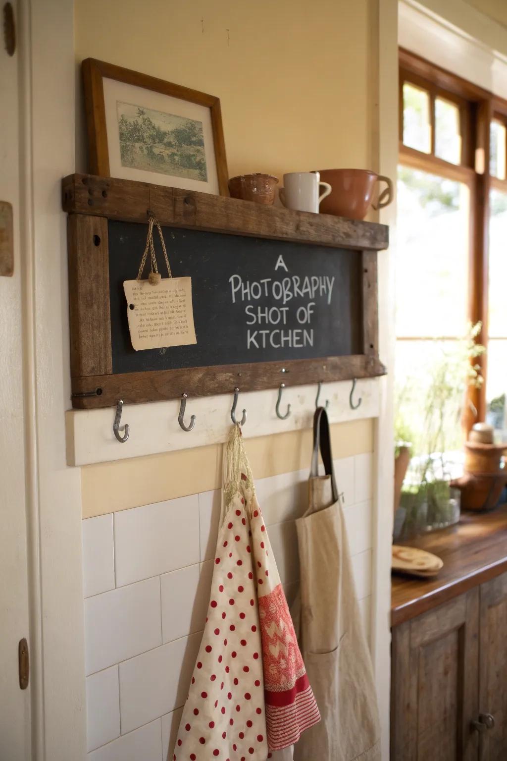 A chalkboard apron rack keeps things stylish and functional.