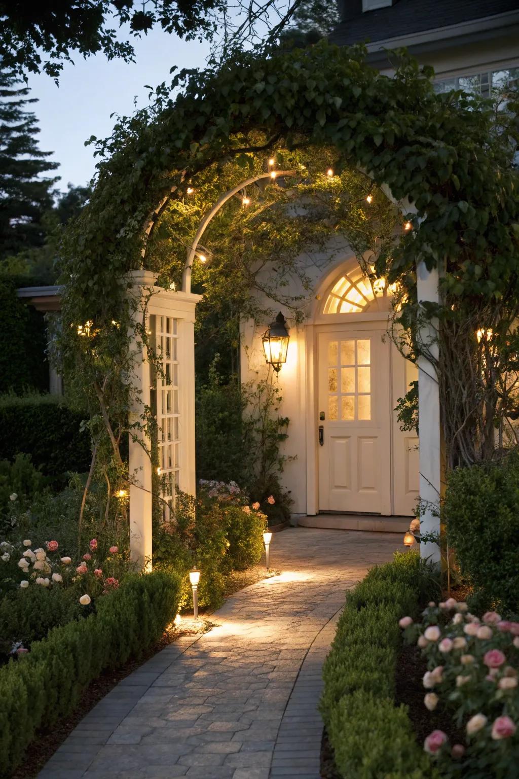 An arbor with integrated lighting for a charming nighttime entrance.