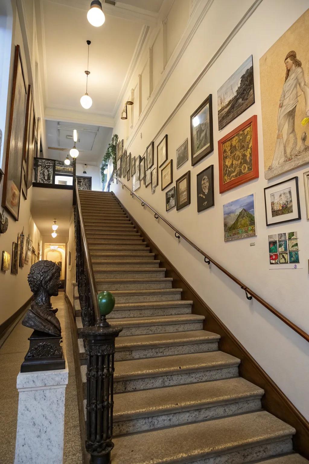 A staircase gallery adds visual interest to an often-overlooked area.