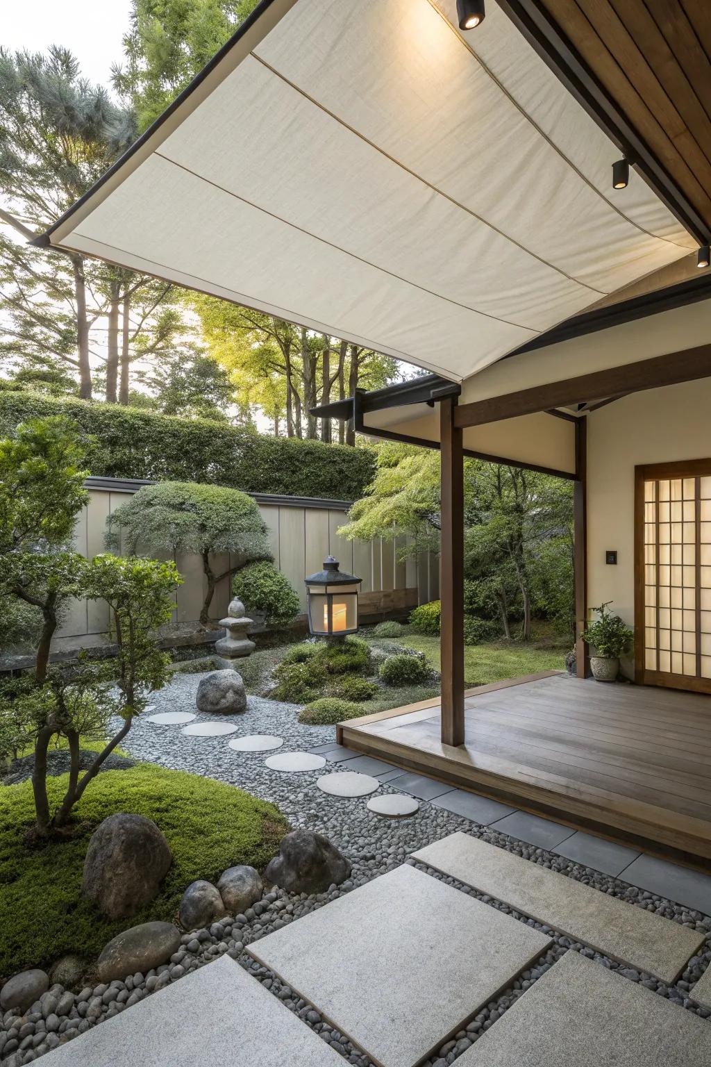 Embrace serenity with a Japanese-style shade cloth awning.