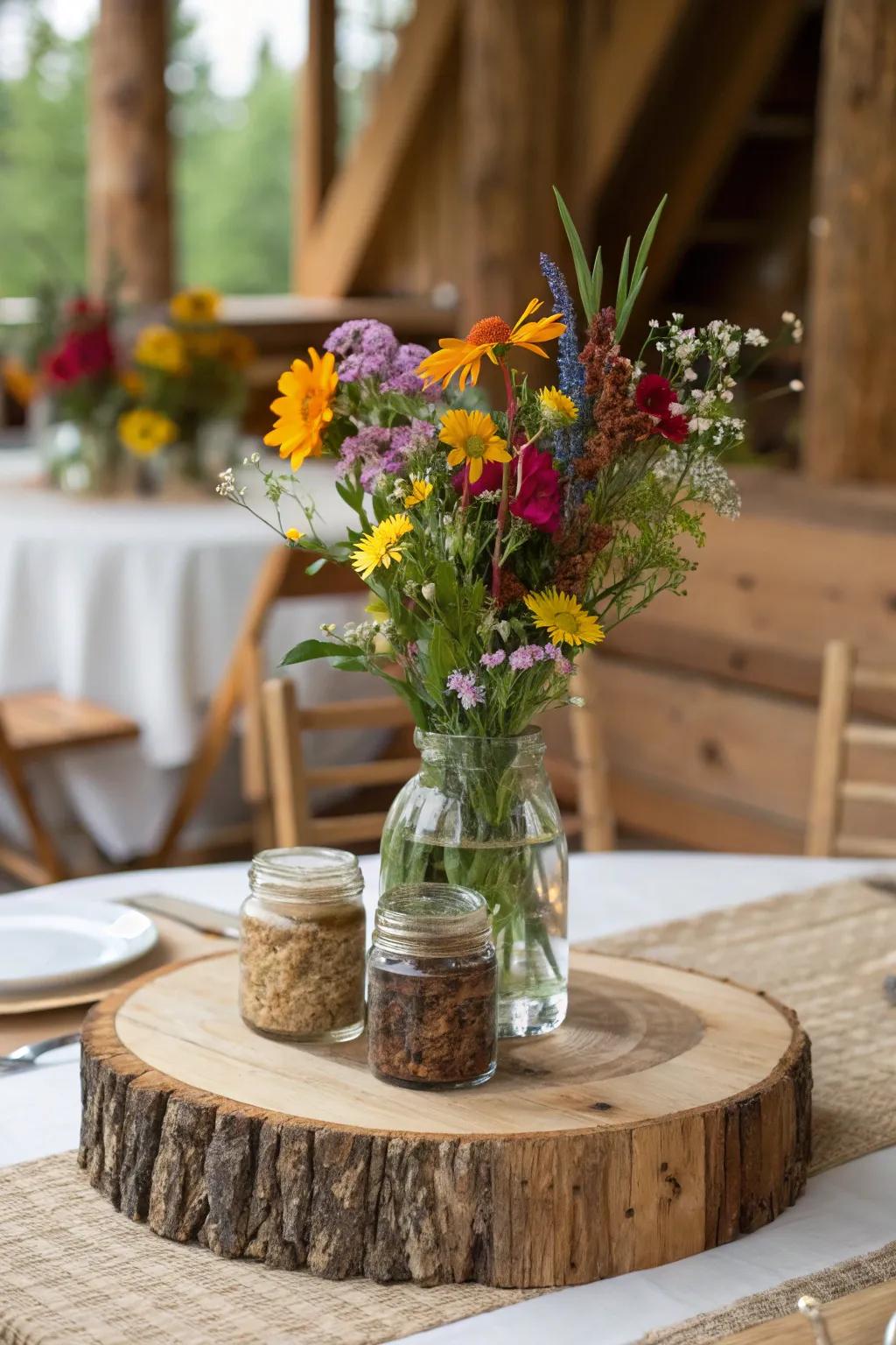 Rustic chic centerpiece with wooden accents.