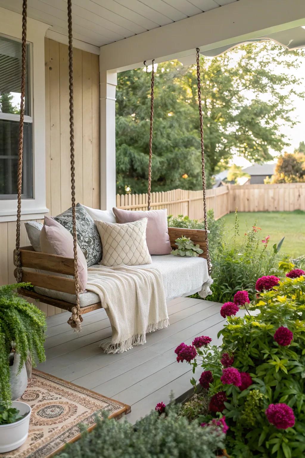 Swing into relaxation with a cozy porch swing.