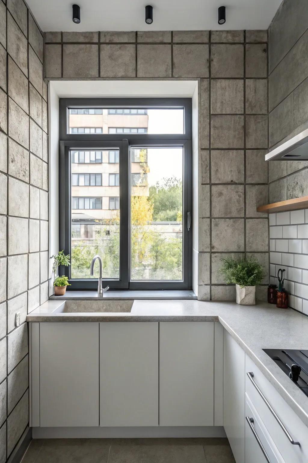 Concrete tiles adding an industrial chic vibe around a kitchen window.