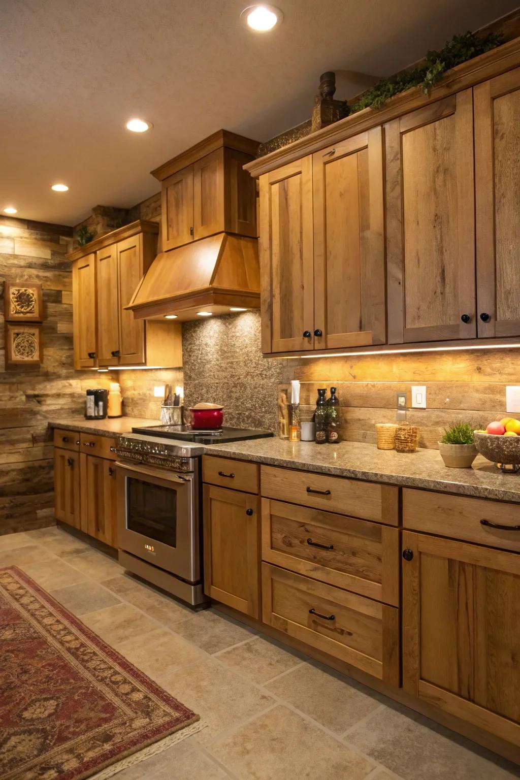 A rustic wood backsplash brings cozy charm to maple cabinets.