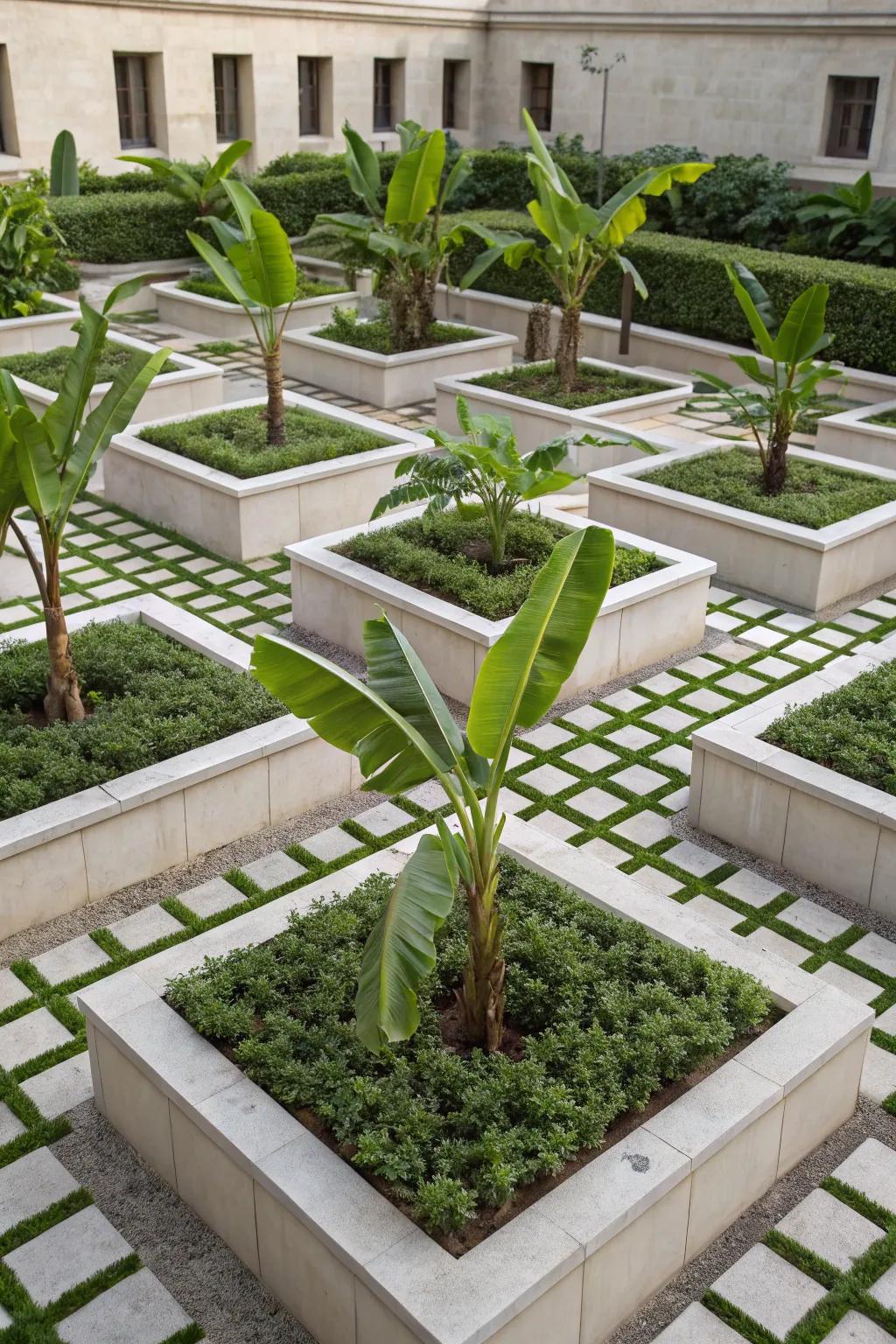 Achieve a modern look with a geometric banana tree garden design.