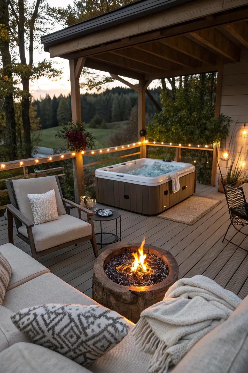 A fire pit brings warmth and a focal point for relaxation and socializing.