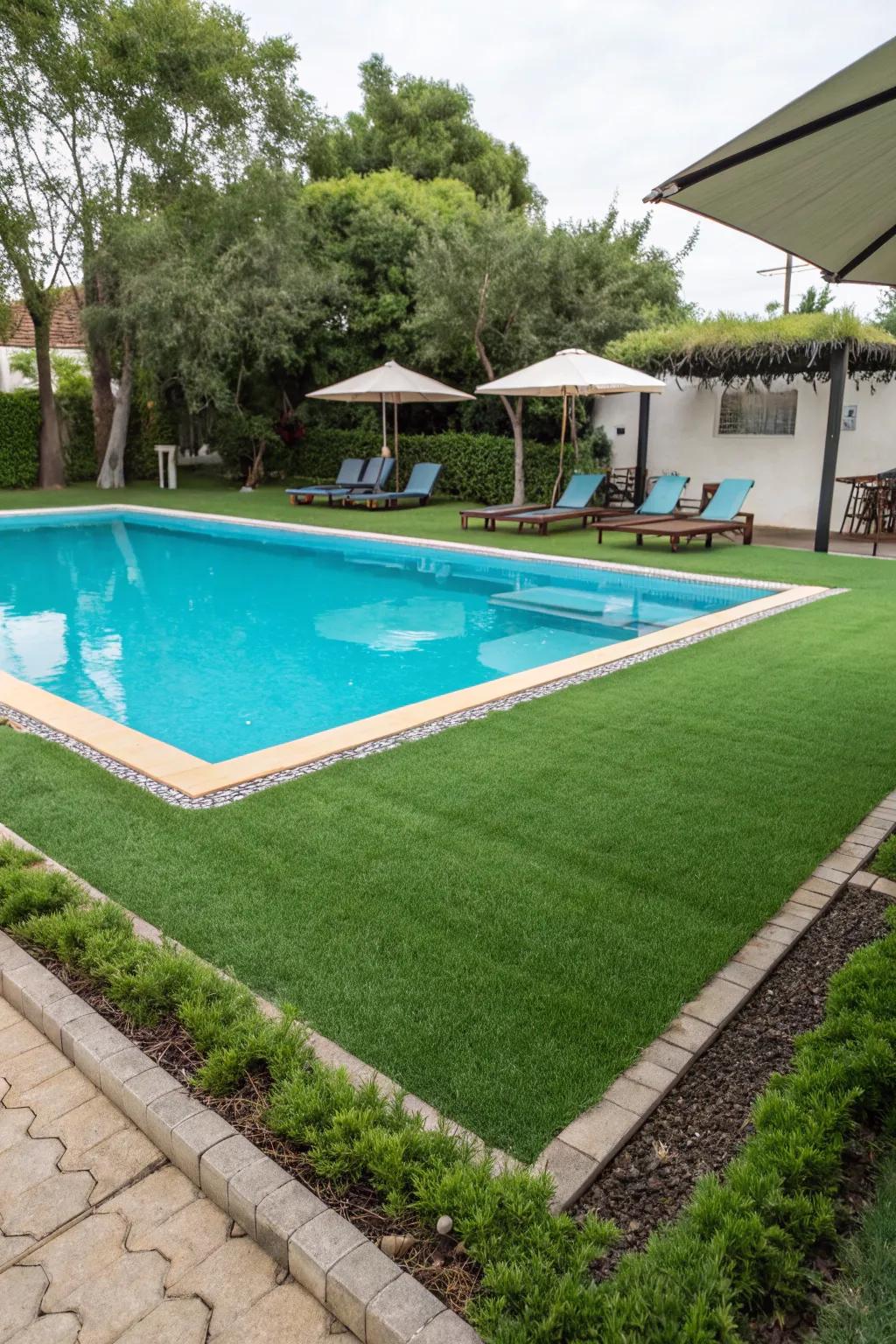 A pristine poolside with lush, non-slip turf.