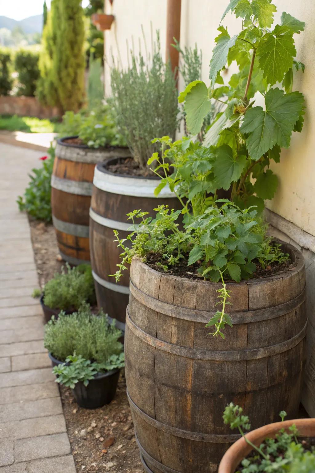 Wine barrels make charming vineyard additions.