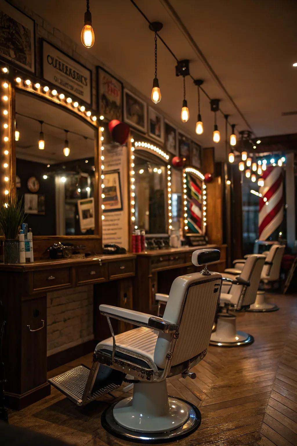 Hidden lighting creating a mysterious and inviting atmosphere in a barbershop.