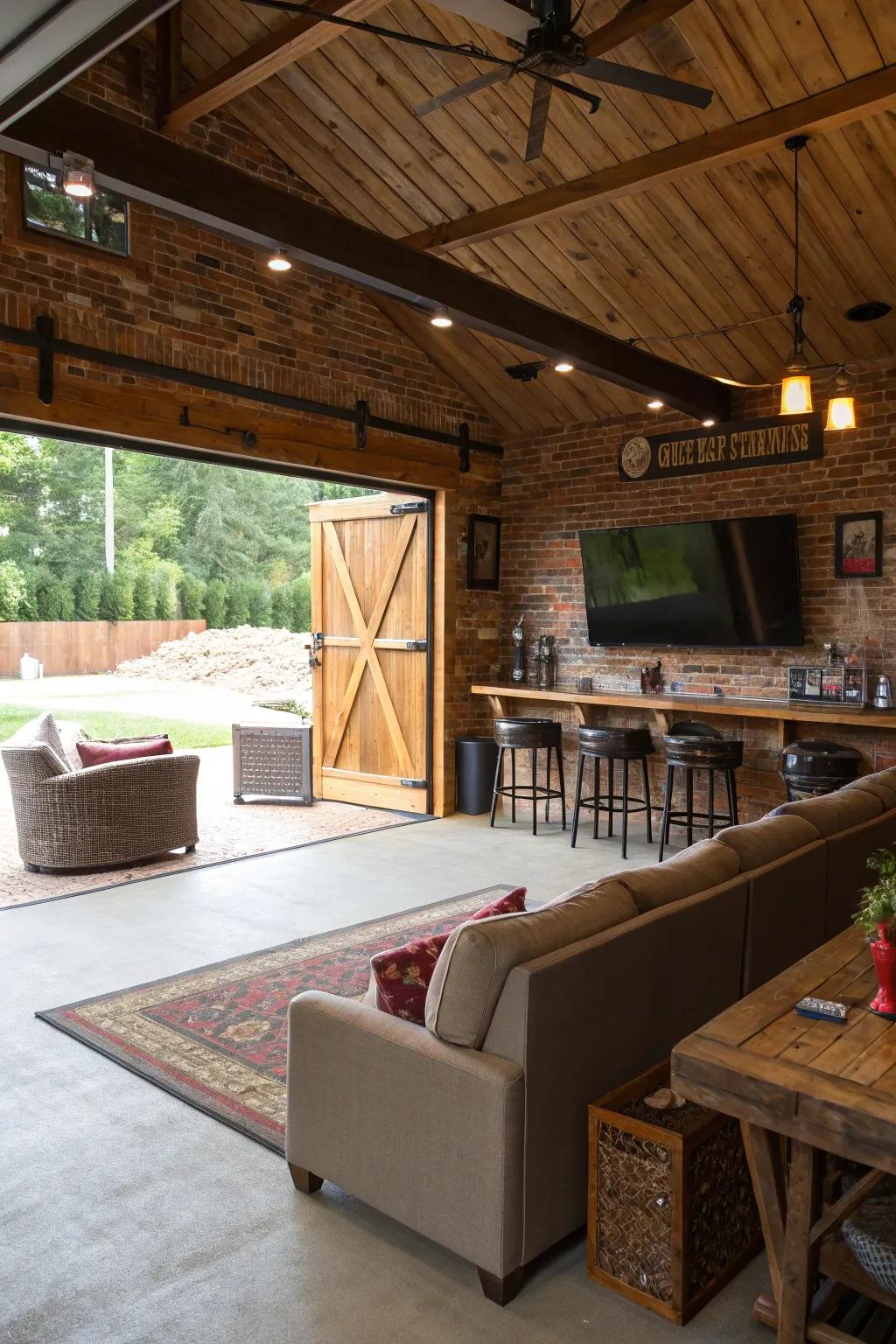 A bar and entertainment zone offers fun and relaxation in this barn garage.