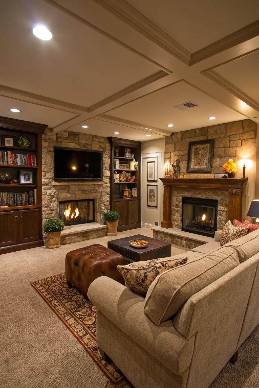 A fireplace adds warmth and serves as a beautiful focal point in this basement.